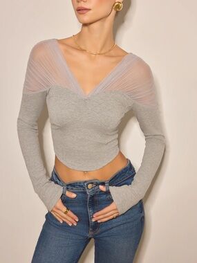Commense Grey Sheer-V Crop Top